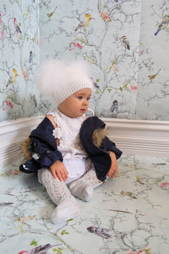 Angora Baby Beanie with Double Fur Pom in Snowflake - Mode & Affaire