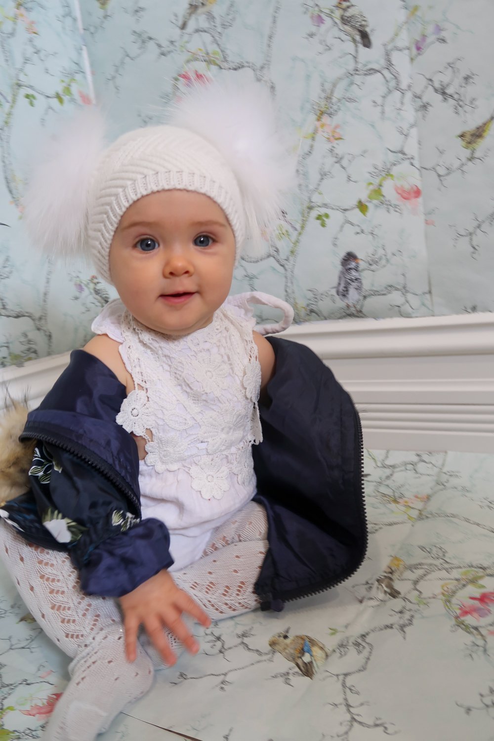 Angora Baby Beanie with Double Fur Pom in Snowflake - Mode & Affaire