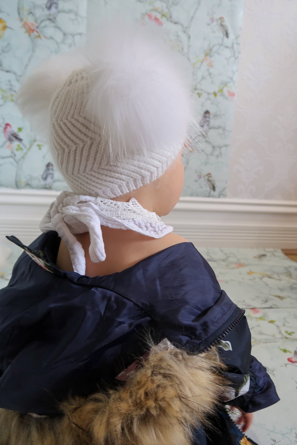 Angora Baby Beanie with Double Fur Pom in Snowflake - Mode & Affaire