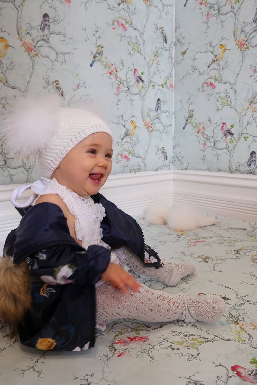 Angora Baby Beanie with Double Fur Pom in Snowflake - Mode & Affaire